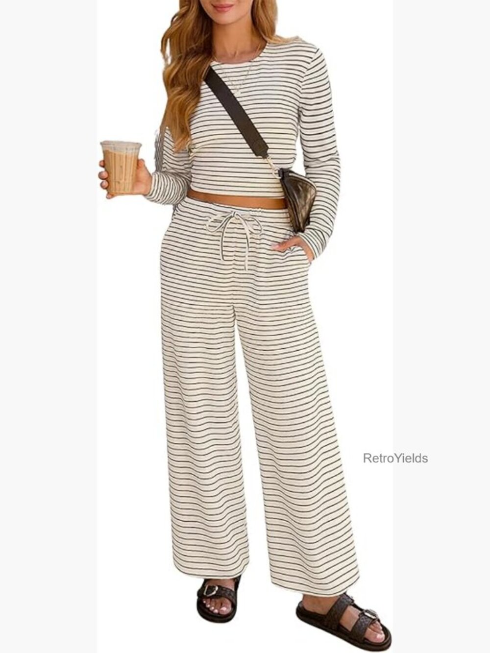 Lounge Sets For Women Casual Striped 2 Piece Outfits Long Sleeve Tops Wide Leg